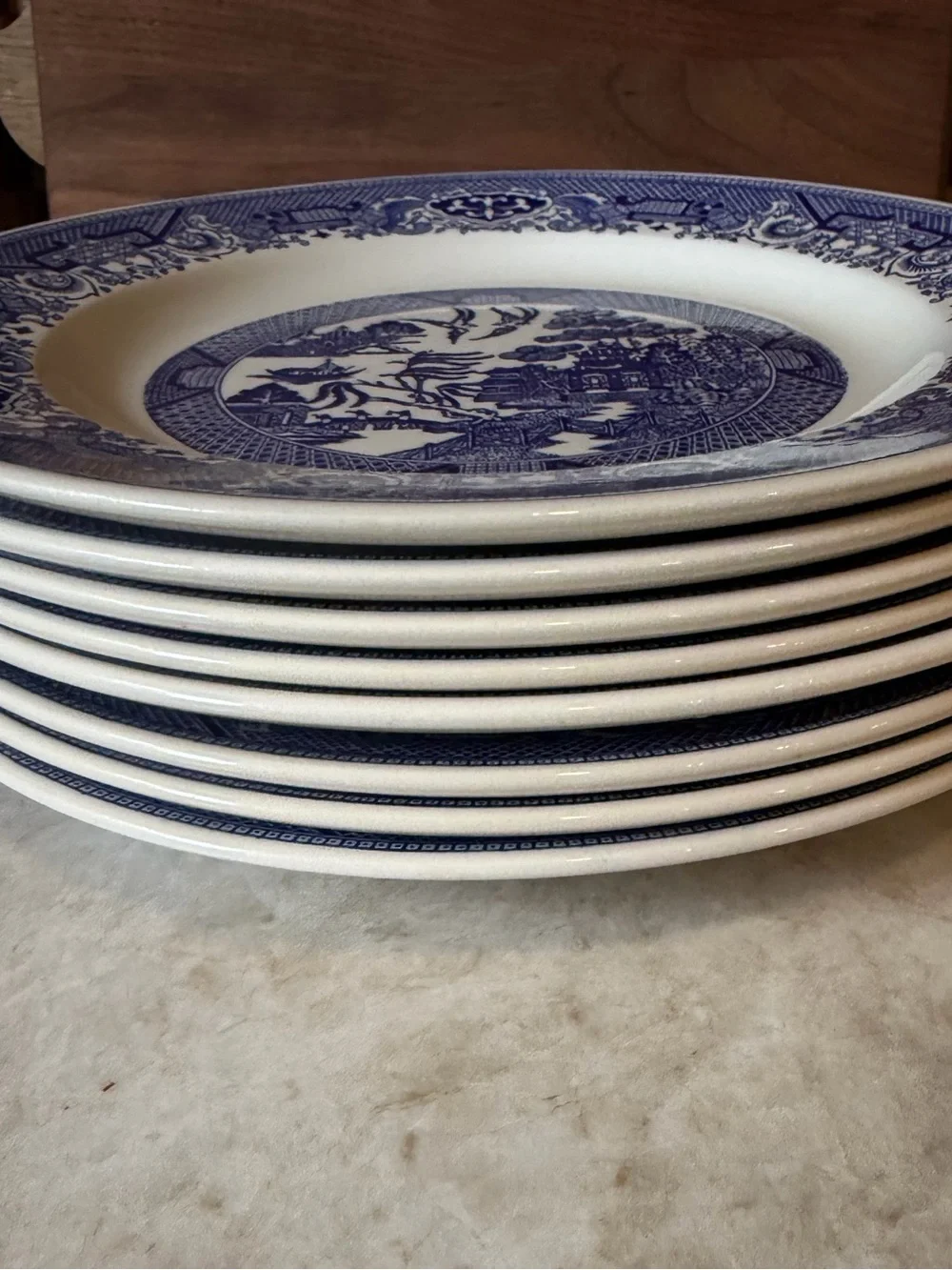 Set of 8 Vintage Blue Willow Royal China 10” dinner plates
